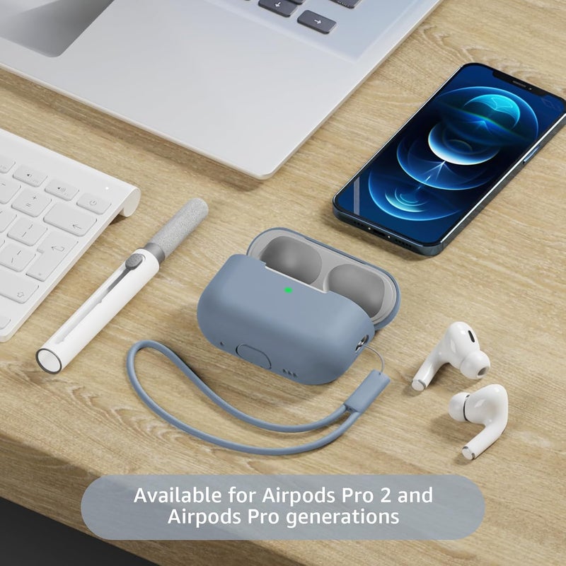 Tandoler حافظة متوافقة مع Airpods Pro 2، غلاف سيليكون ناعم واقي مع مجموعة تنظيف وحبل حمل متوافق مع AirPod Pro الجيل الثاني، LED أمامي مرئي - أزرق رمادي - Image 2